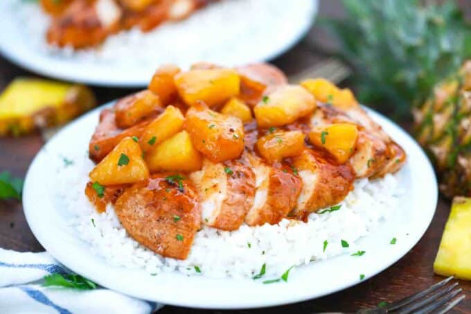 plate of rice with pineapple barbecue chicken