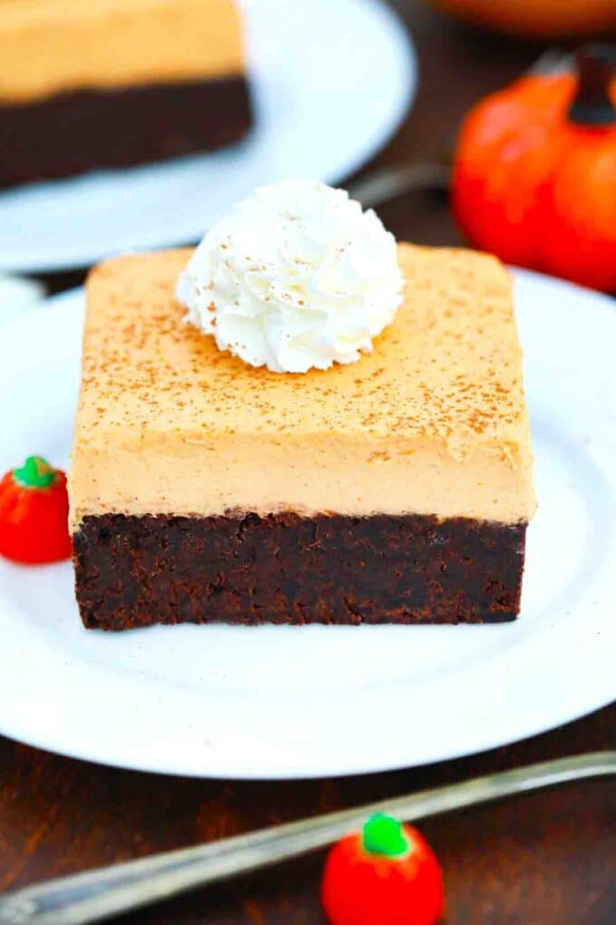 pumpkin mousse brownies on a plate