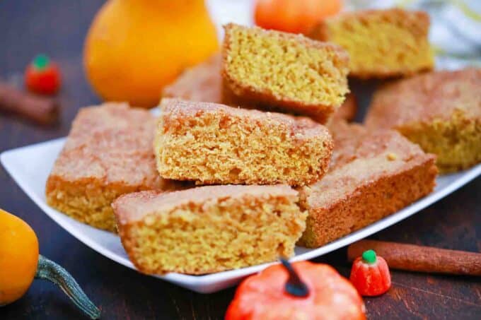 a serving plate with pumpkin snickerdoodle bars