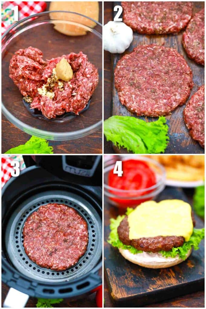 photo collage of steps how to make air fryer cheeseburgers