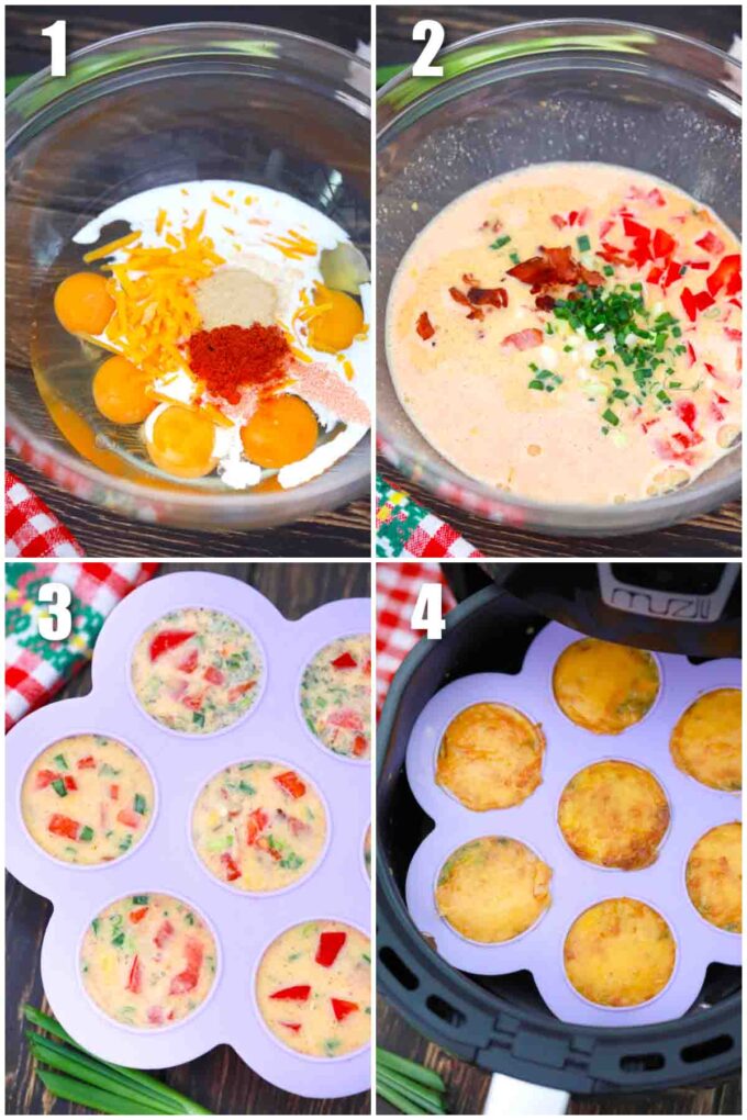 photo collage of steps how to make air fryer egg bites