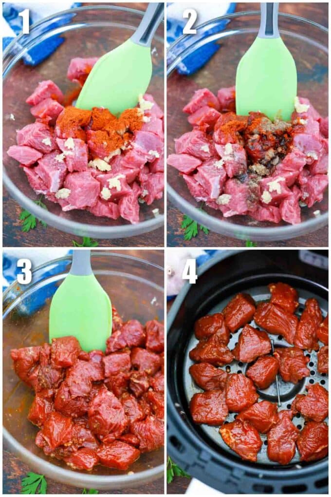 photo collage of steps how to make air fryer steak bites
