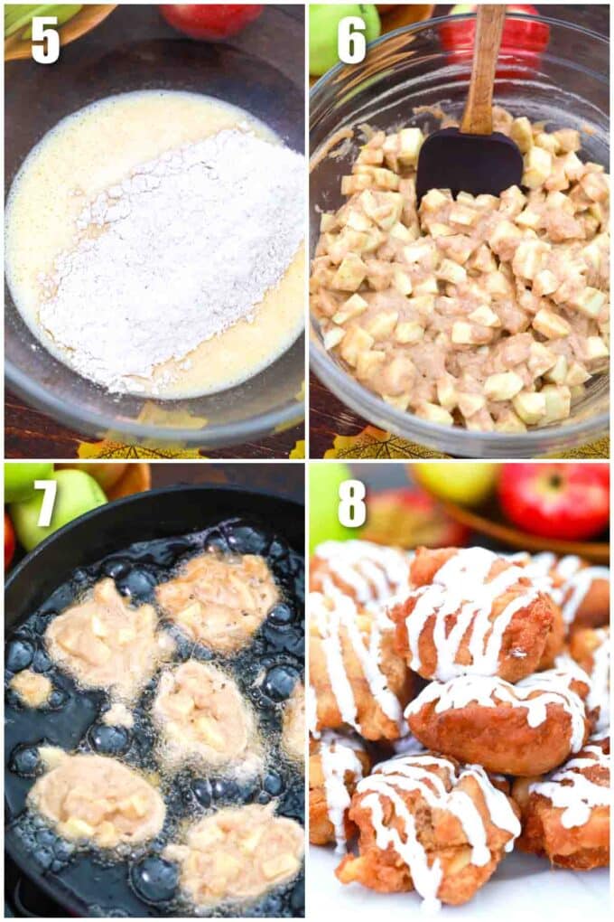 photo collage of steps how to make apple fritters with maple glaze
