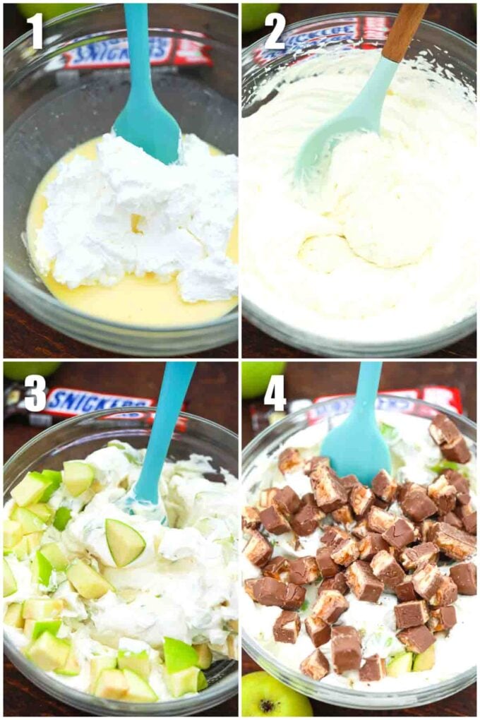 photo collage of steps how to make apple snickers salad