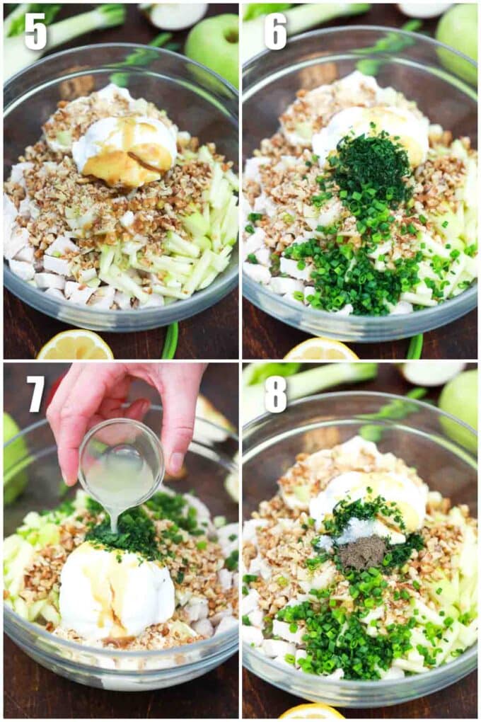 photo collage of steps how to make creamy apple fennel chicken salad