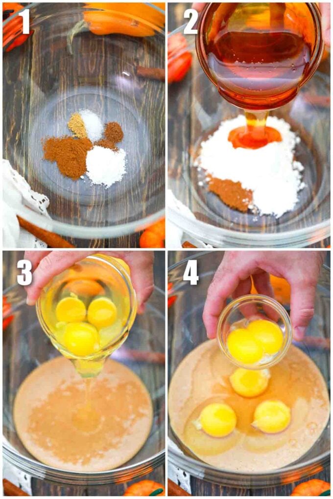 photo collage of steps how to make crustless pumpkin pie