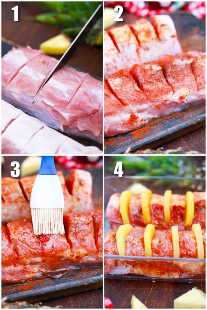 photo collage of steps how to make hawaiian pineapple pork loin