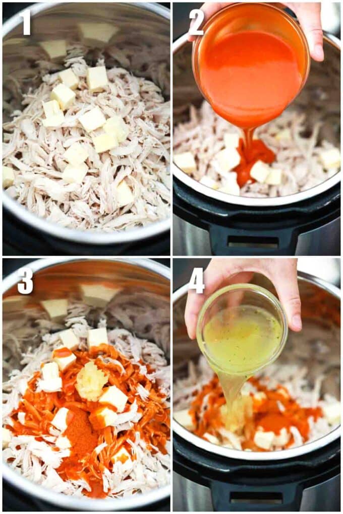 photo collage of steps how to make instant pot buffalo chicken dip