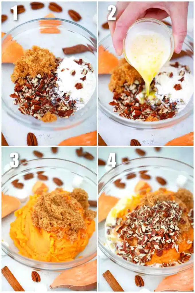 photo collage of steps how to make loaded sweet potato casserole