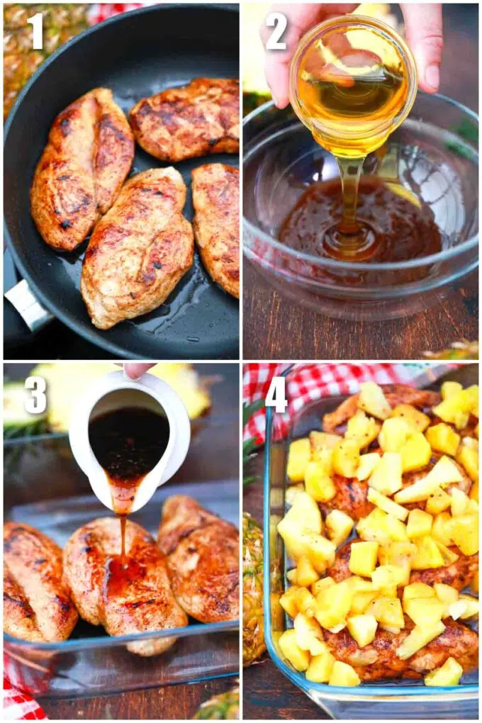 photo collage of steps how to make pineapple barbecue chicken