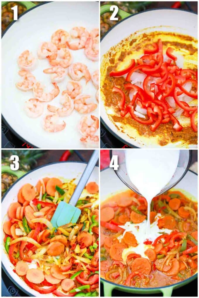 photo collage of steps how to make pineapple coconut shrimp curry