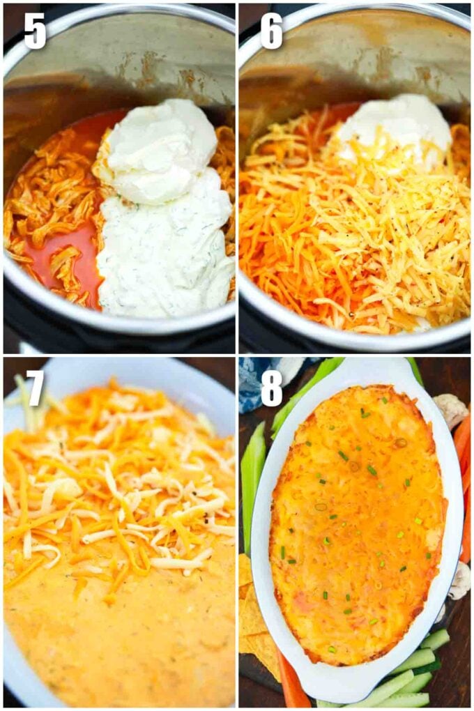 photo collage of steps how to make pressure cooker buffalo chicken dip