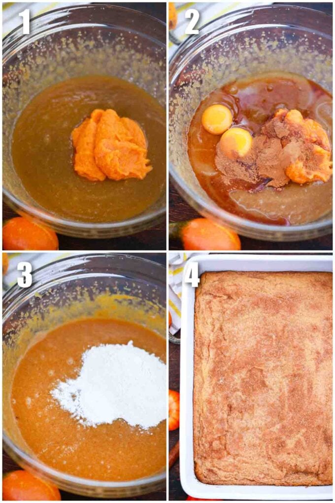 photo collage of steps how to make pumpkin snickerdoodle bars