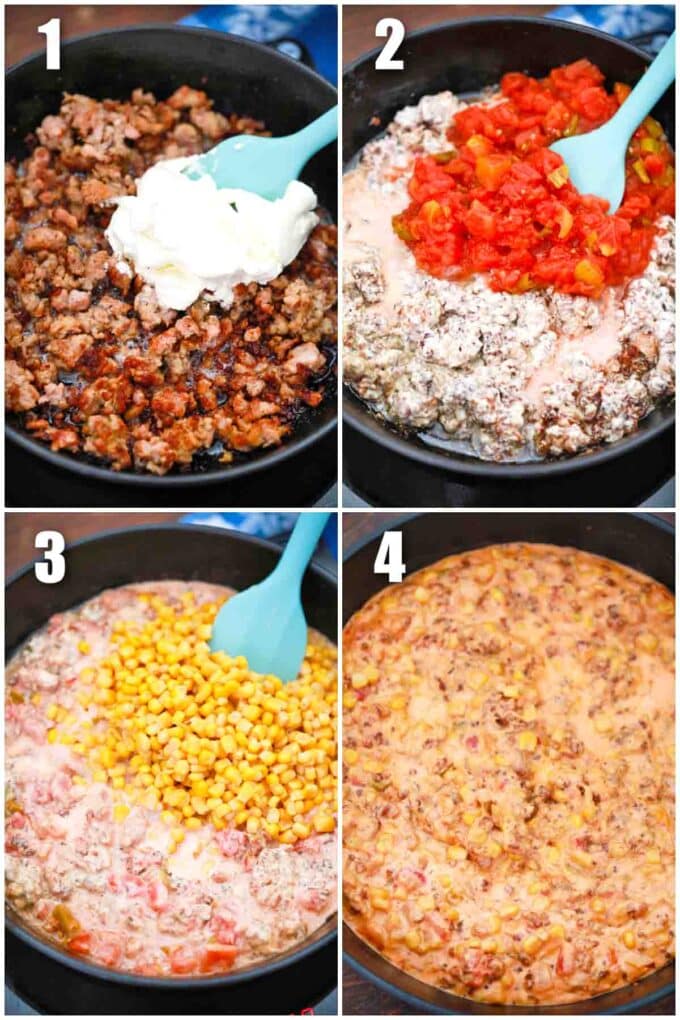photo collage of steps how to make sausage queso dip