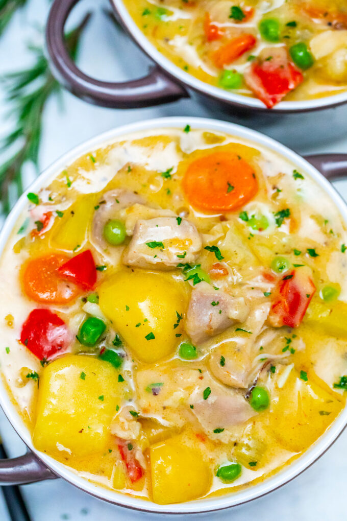 A bowl of homemade chicken stew made in the pressure cooker.