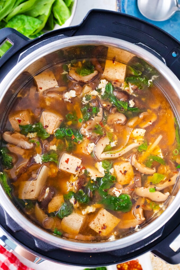 Overhead shot of homemade Instant Pot hot and sour soup.