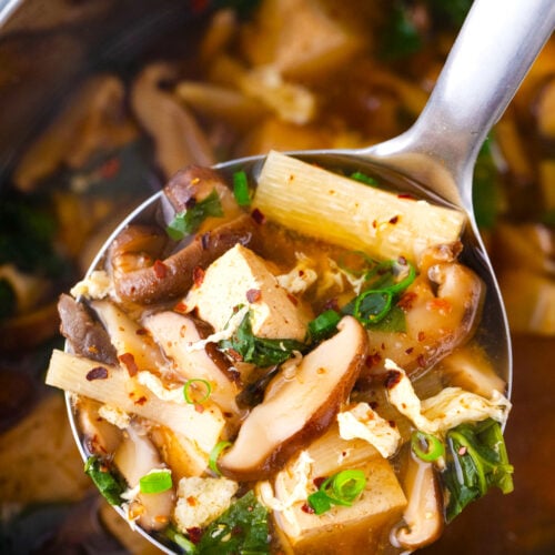 A ladle of vegetarian Instant Pot hot and sour soup.