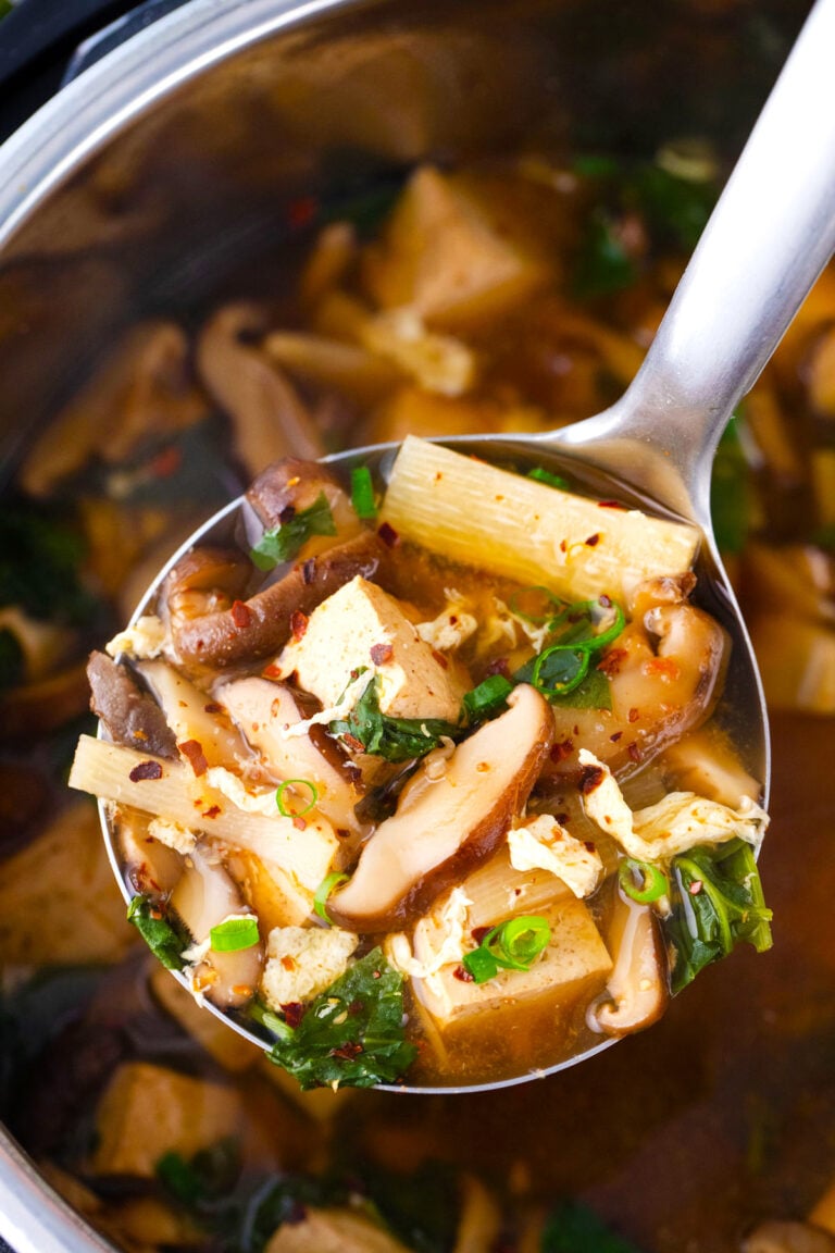 A ladle of vegetarian Instant Pot hot and sour soup.