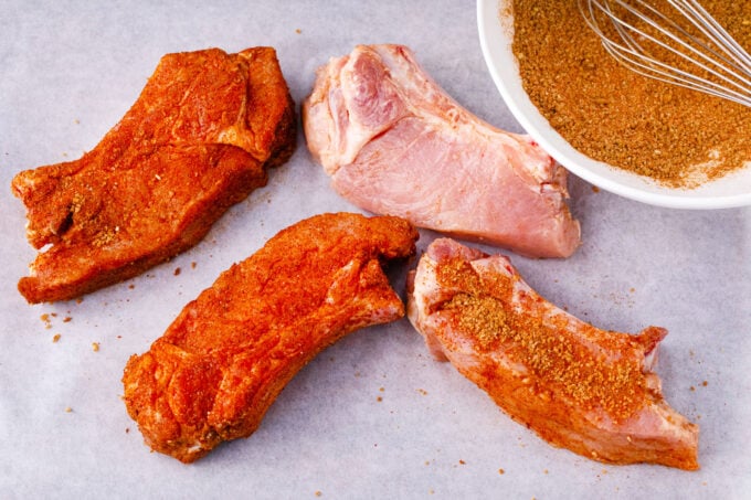 Coating country style ribs in a homemade brown sugar paprika rub.