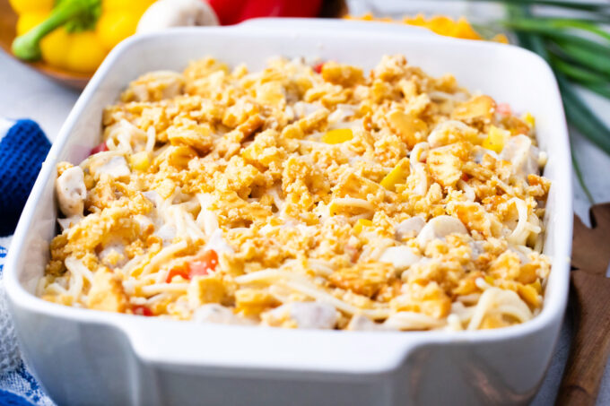 Chicken spaghetti casserole before baking it.
