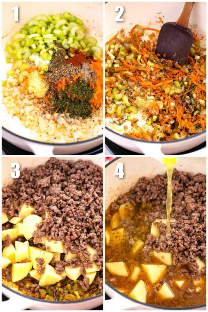 collage of how to saute beef and veggies