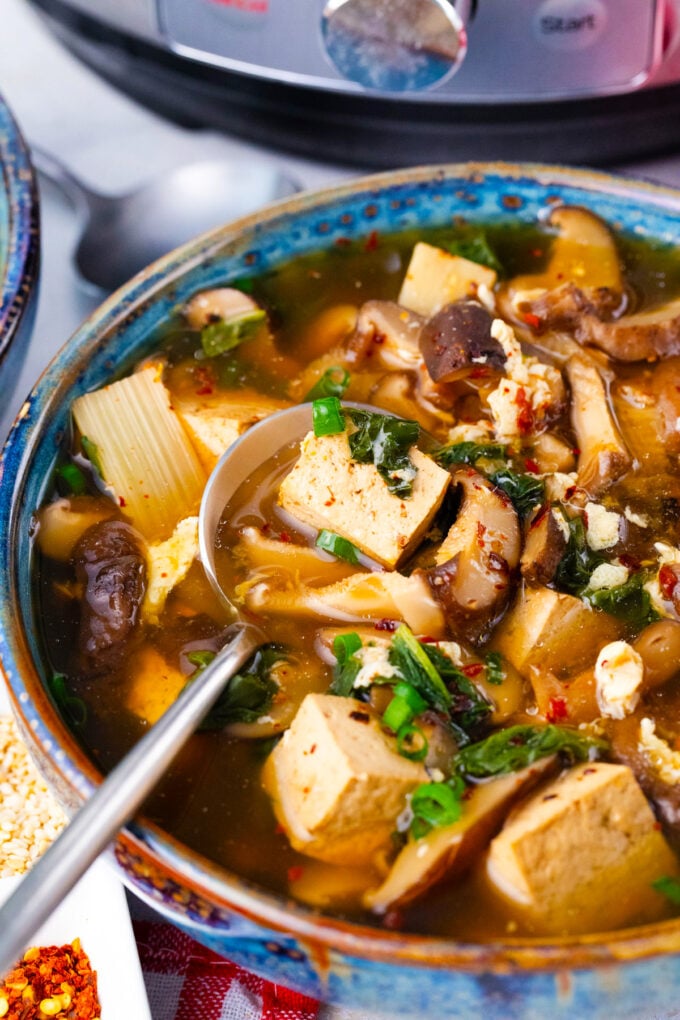 A bowl of Instant Pot hot and sour soup.