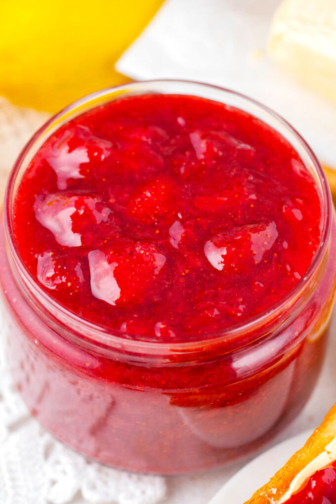 A jar of homemade strawberry jam.