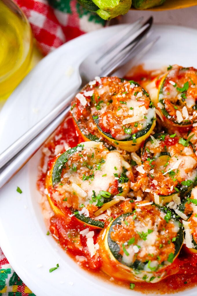 Cheesy zucchini lasagna rollups.