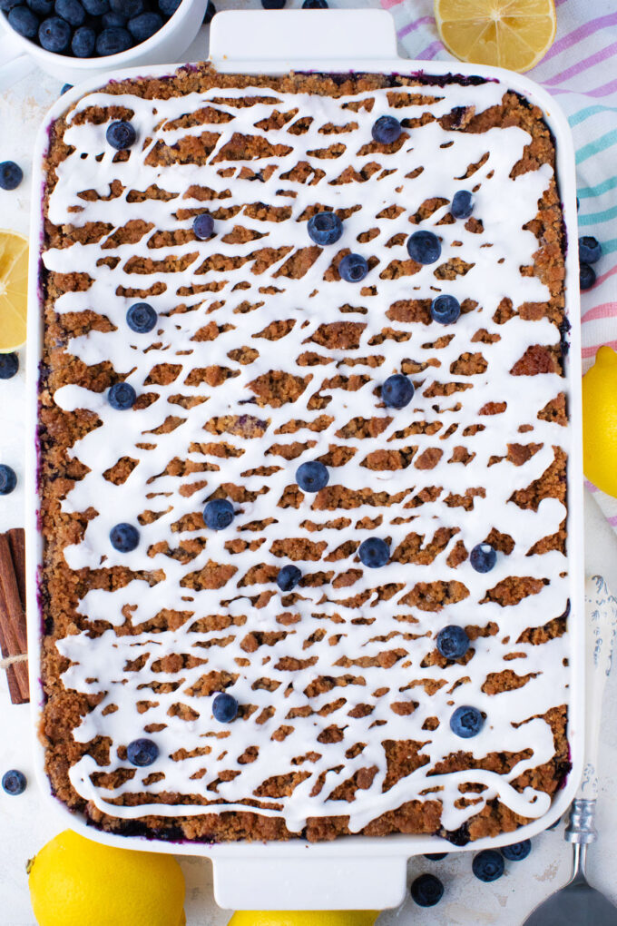 Overhead shot of blueberry coffee cake.