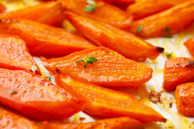 Perfect brown sugar roasted carrots with fresh herbs.