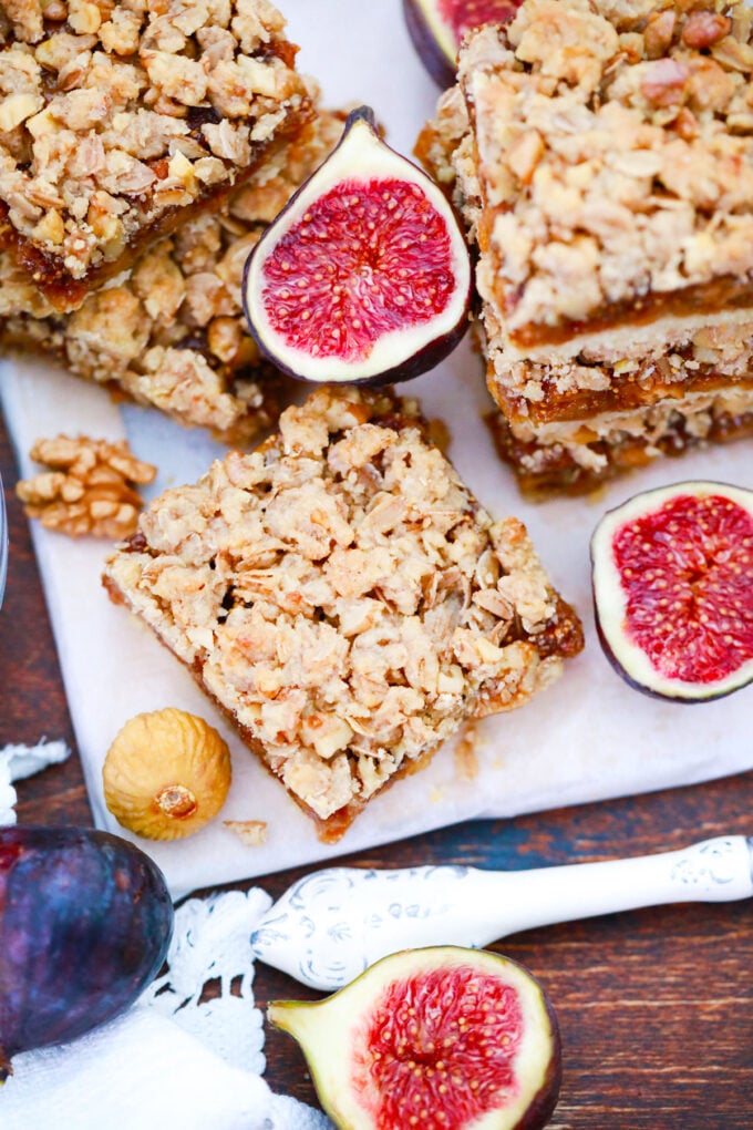 Overhead shot of homemade fig bars and fresh figs.