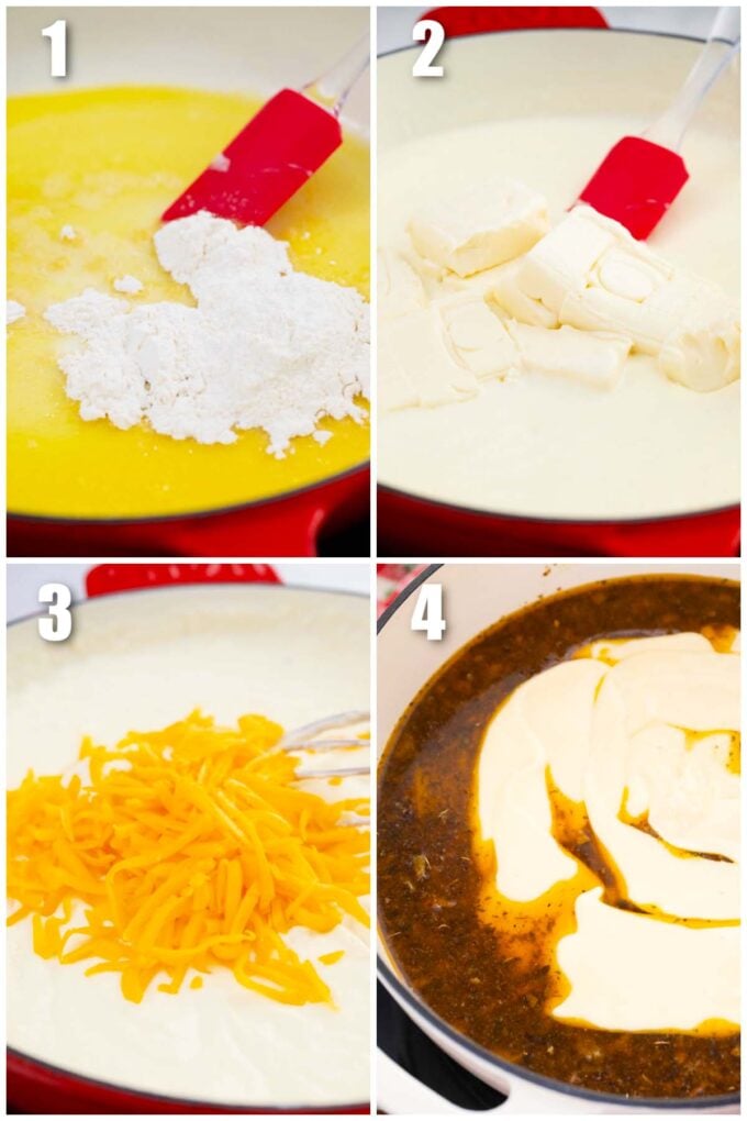 photo collage of how to make cheesy roux and add it to soup