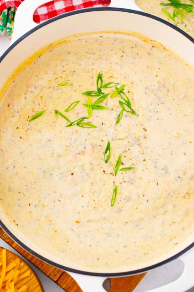 a pot of homemade creamy cheeseburger soup