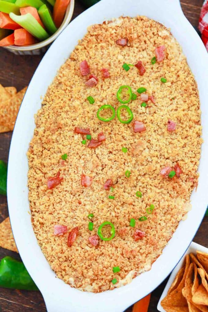 overhead shot of a casserole with jalapeno popper dip