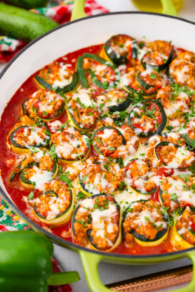 Overhead shot of zucchini lasagna rollups.