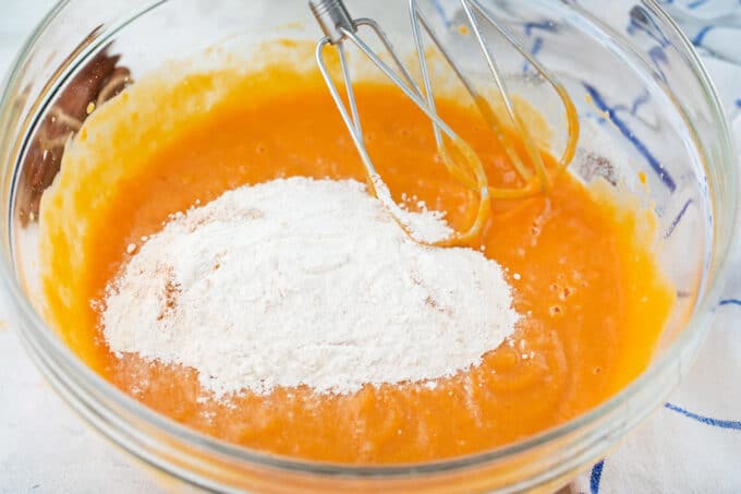 Making batter for sweet potato pie cupcakes.
