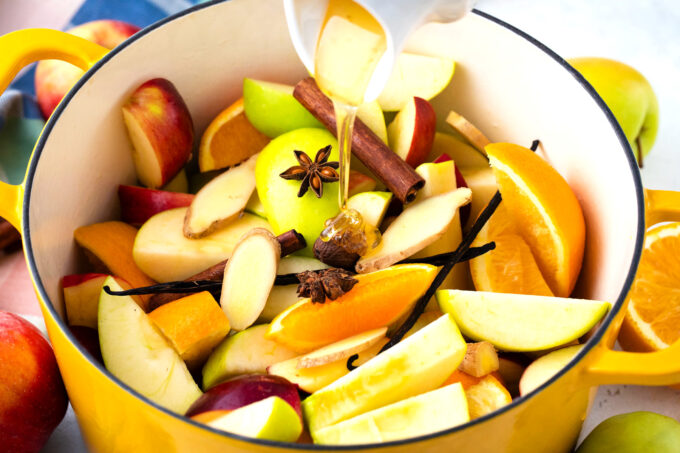 Apple cider ingredients in a pot.