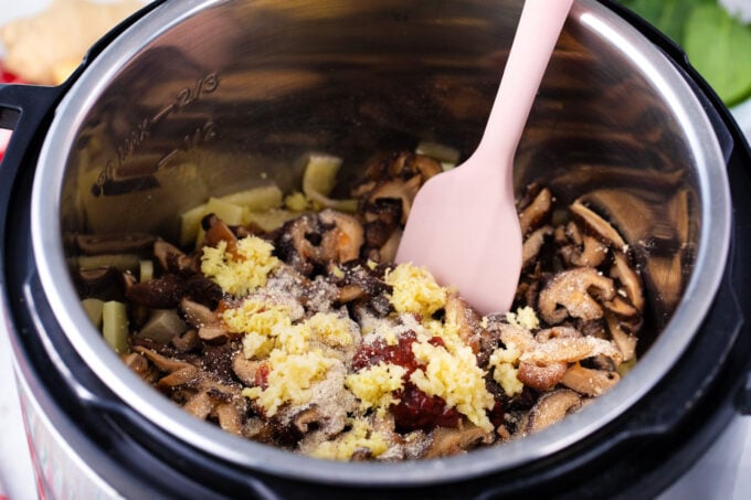 Sautéing ingredients for Instant Pot hot and sour soup.
