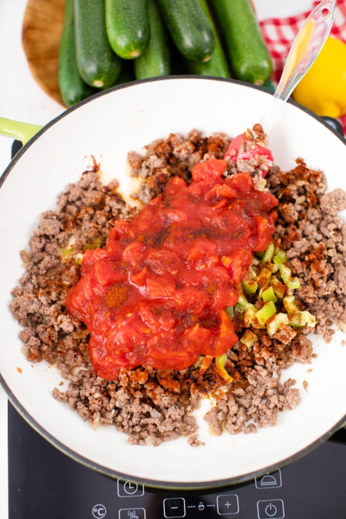 Ground beef and diced tomaoes.
