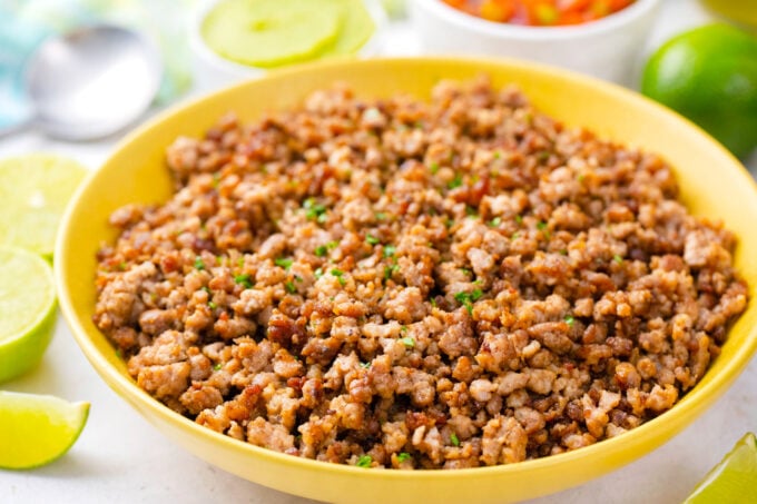 A bowl of cooked ground beef.