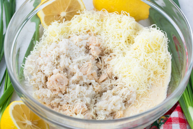 Crab cakes ingredients mixed in a bowl.