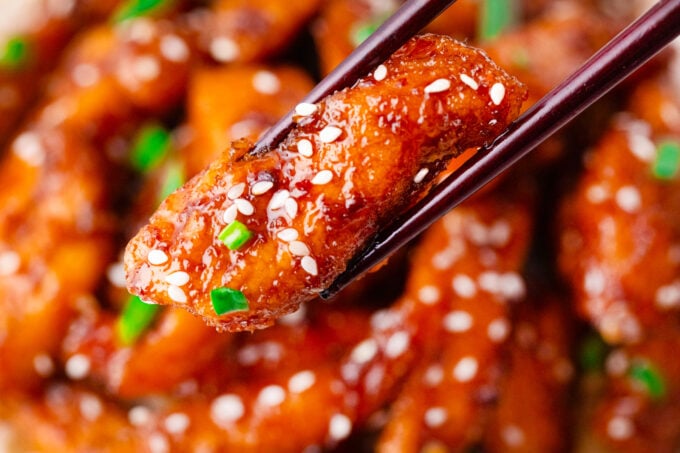 A piece of crispy Mongolian chicken strip.