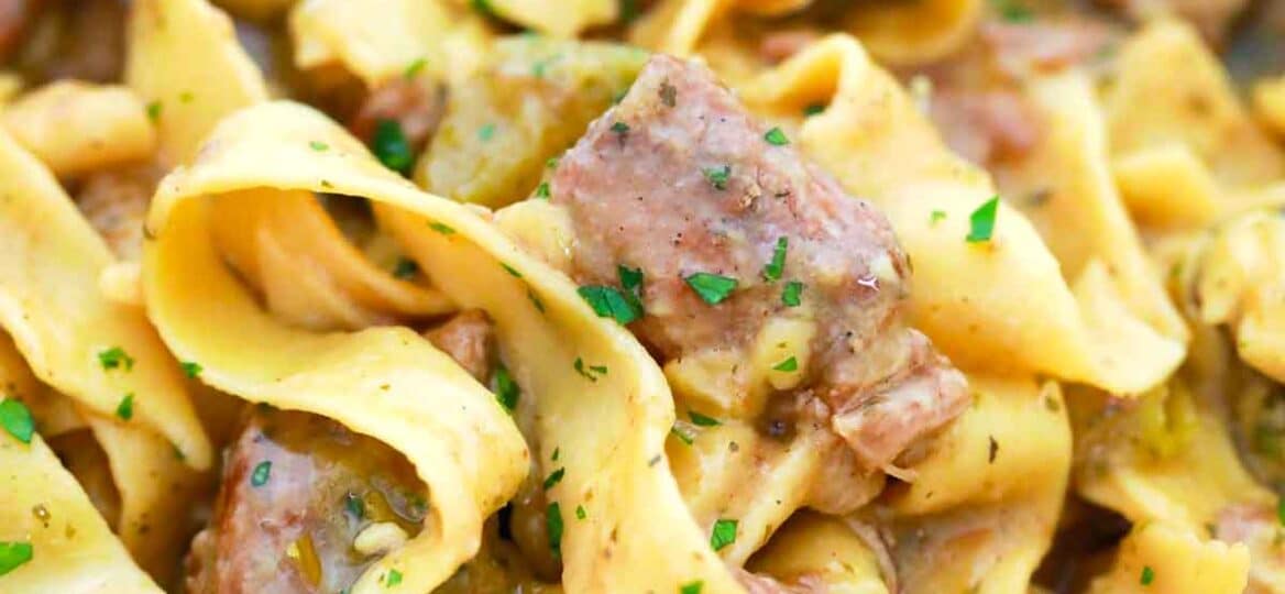 close shot of a plate of beef and noodles