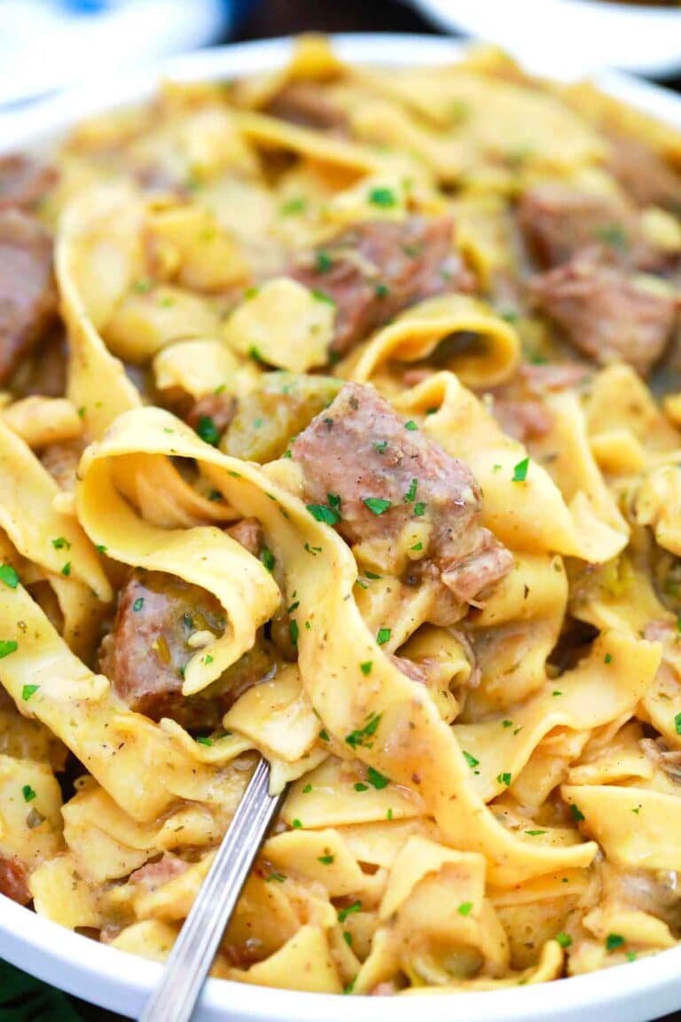 close shot of a plate of beef and noodles