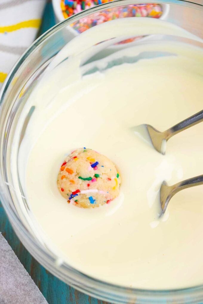 dip no bake cake batter truffles into melted white chocolate