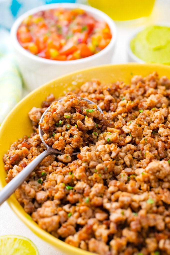 A bowl on instant pot ground meat.