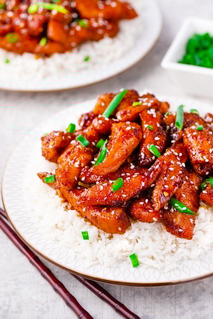 Crispy Mongolian chicken over rice.