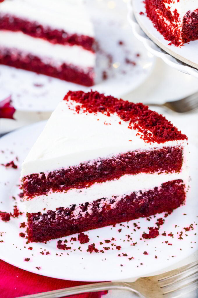 A slice of homemade red velvet cake.