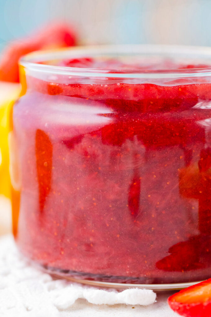 A jar of homemade strawberry jam.