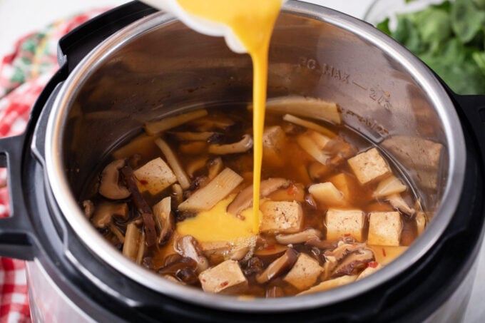 Adding beaten eggs to Instant Pot hot and sour soup.